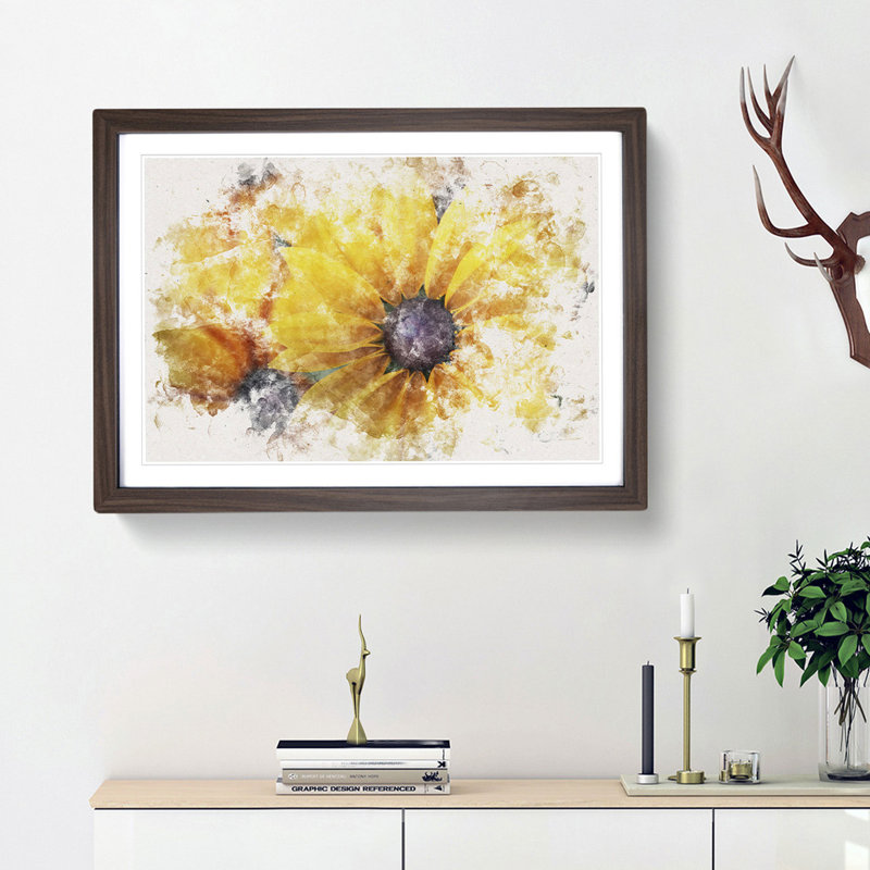 Yellow Coneflowers Watercolour - Framed Print, 45cm H x 63cm W x 2cm D, Walnut