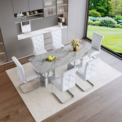 Ensemble de salle à manger 7 pièces, table en bois aggloméré imitation marbre avec 6 chaises rembourrées et pieds en métal argenté