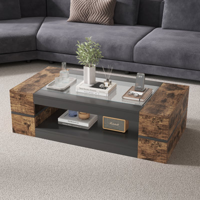 Table basse moderne avec dessus en verre et rangement pour salon