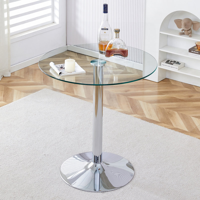 Table de salle à manger ronde 35 "en verre - minimaliste moderne avec pieds argent galvanisés, H 36 po x L 35 po x l 35 po