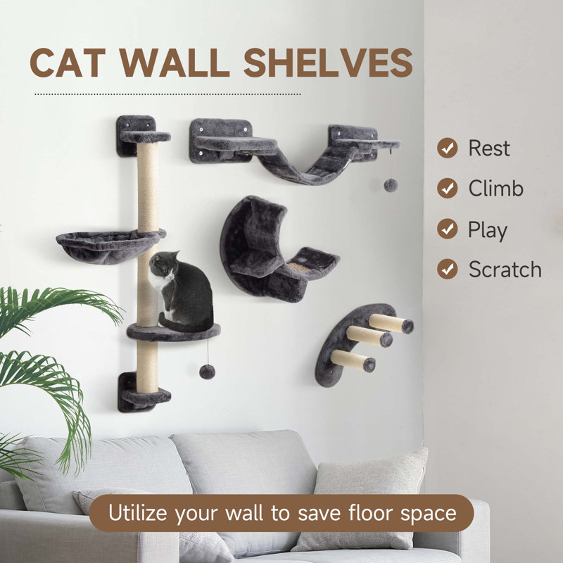 Étagère murale pour chat avec grattoir, boules de jeu, plateformes, gris foncé