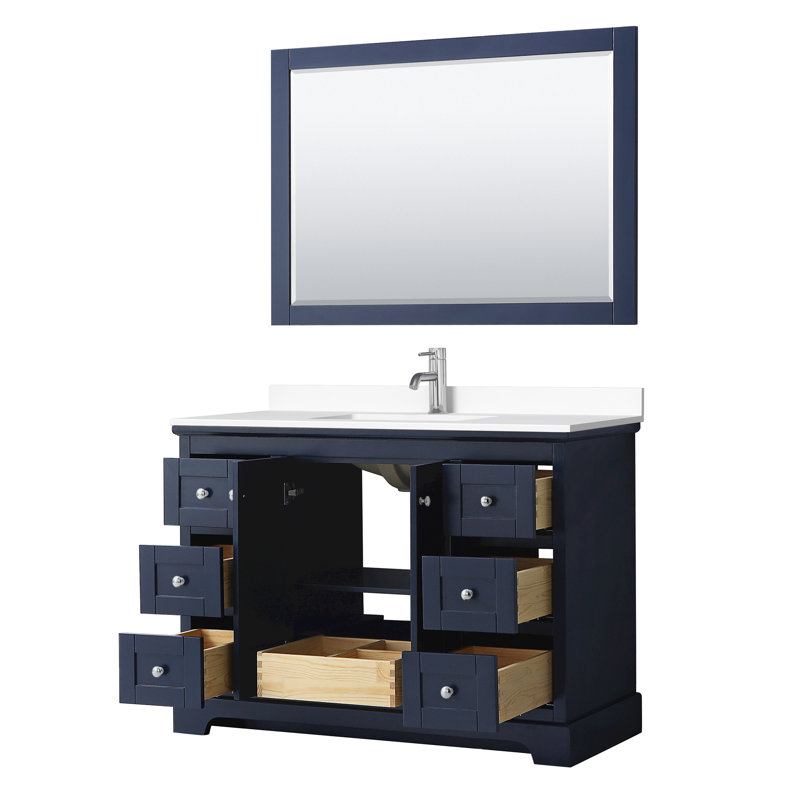 Ensemble de meuble-lavabo simple 48 po avec miroir Avery, Bleu foncé, Marbre de culture blanc, Or brossé