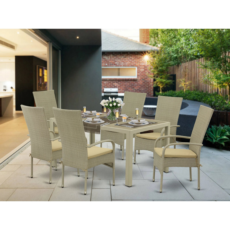 Ensemble de conversation pour patio 7 pièces composé d'une table de salle à manger rectangulaire en osier avec plateau en verre et 6 fauteuils de jardin avec coussin, lin naturel