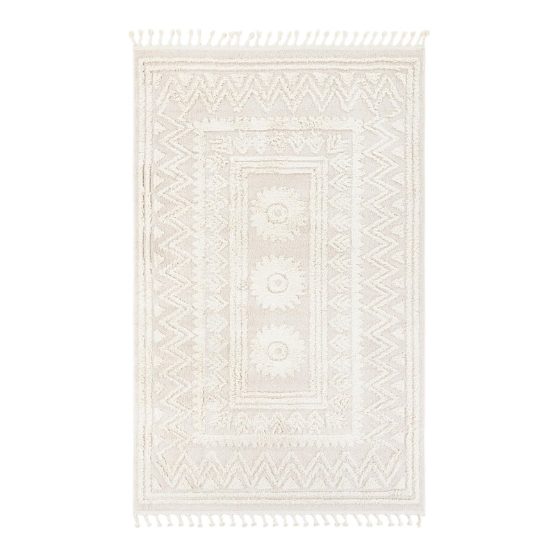 Tapis ivoire en polyester tissé à la machine Amirah, Rectangle 6 pi 1 po x 9 pi
