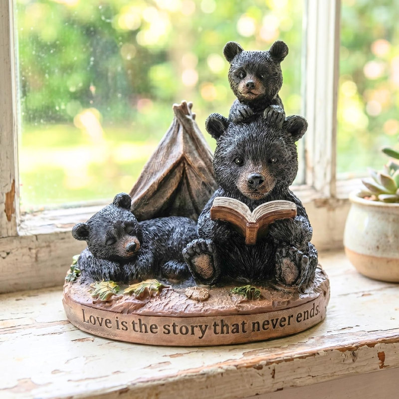 Figurine en résine, maman, ours apprenant à pêcher, décor de chalet rustique