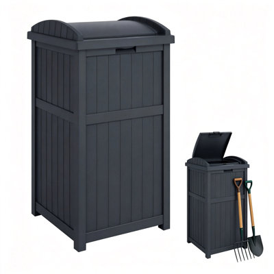 Poubelle extérieure en plastique durable 33 gallons avec couvercle sécuritaire et conception en osier pour les cours et les patios (GRIS)