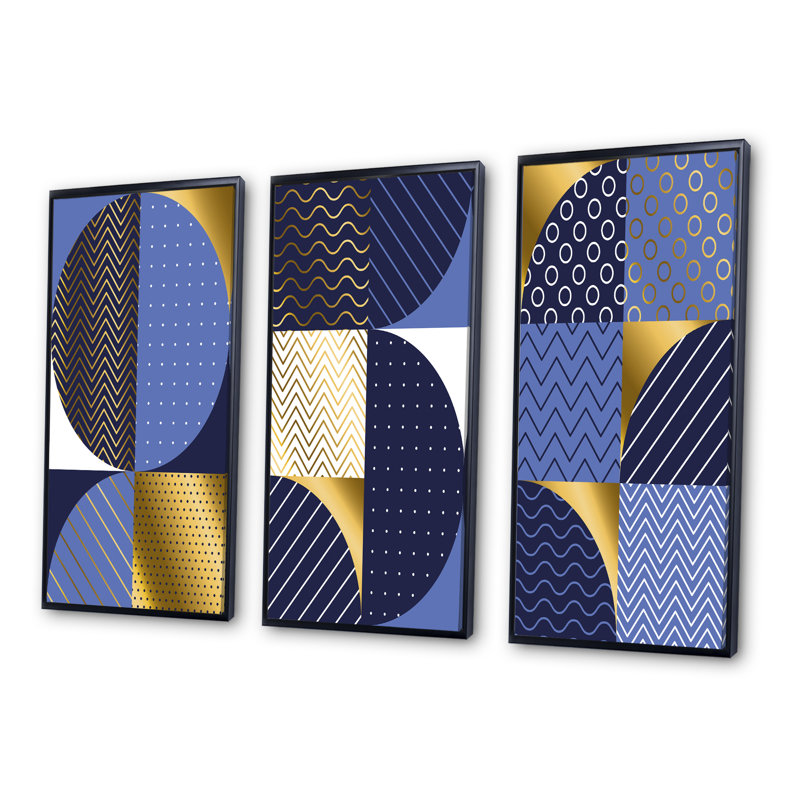 «Retro Luxury Waves in Gold and Blue IV», reproduction de cadre photo sur toile 3 pièces, H 28 po x l 36 po, Noir