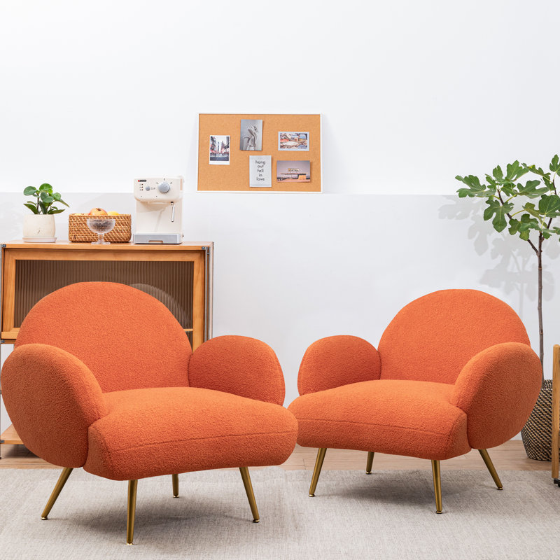 Oziah Sherpa Upholstered Armchair, Modern Accent Chair with Metal Legs, Gold, Orange Velvet