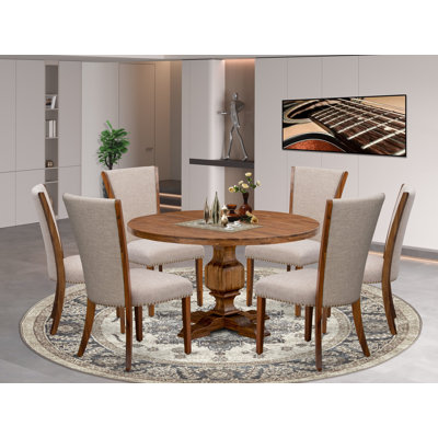7 Piece Dining Set Consists of a 54" Round Kitchen Table with Pedestal and 6 Light Tan Linen Fabric Parson Chairs, Antique Walnut