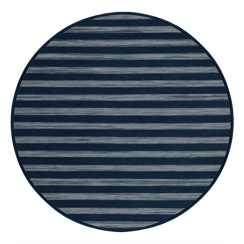Machine Washable Horizontal Stripes Blue Area Rug, Round 6'