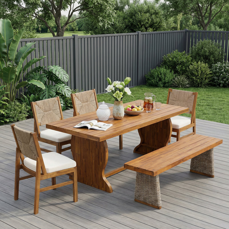 Burkhalter Patio 6-Piece Acacia Wood Dining Set With Woven Wicker & Cushions