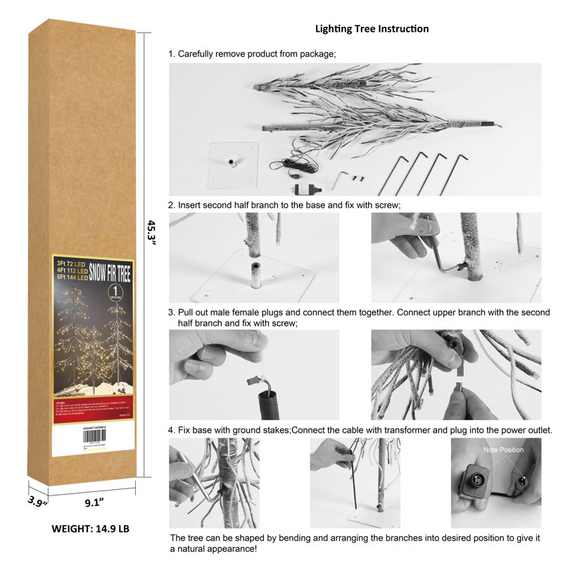  Ensemble de 3 sapins enneigé, y compris 3 pi, 4 pi et 6 pi, pour un usage intérieur et extérieur, blanc chaud, pour les fêtes à la maison