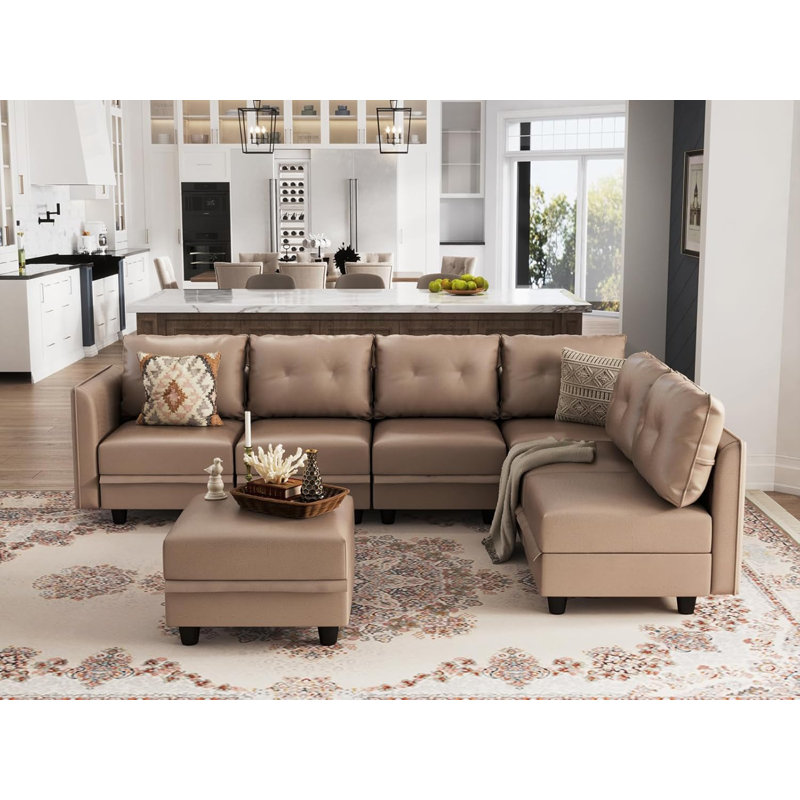 Breseis Upholstered L-Shaped Sectional Reversible, Brown Faux Leather