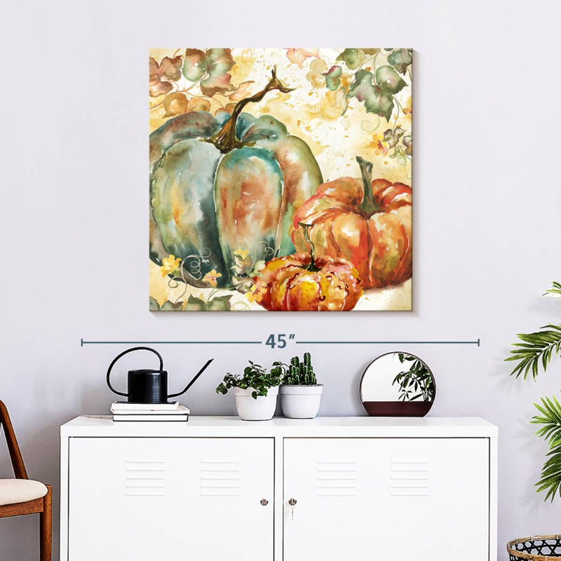 Yarlin, récolte d'aquarelle bleu sarcelle citrouilles I, H 30 po x l 30 po