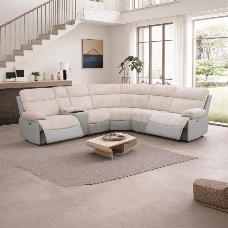 Power Recliner Sectional Living Room Sofa With Storage Console, Velours côtelé beige