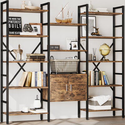70" Industrial Bookshelf, Large 5-Tier Triple Bookcase with Storage Cabinet, 14-Shelf Display Unit, Metal Frame Etagere Furniture for Living Room, Bed