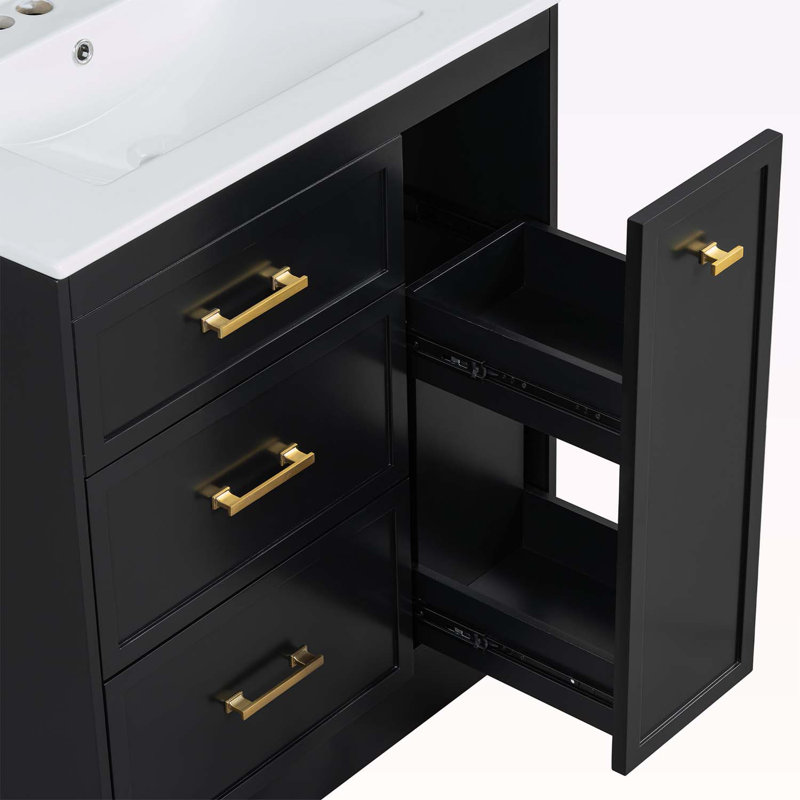 Ensemble de meuble-lavabo avec lavabo et trois tiroirs, Noir, noir, noir, noir