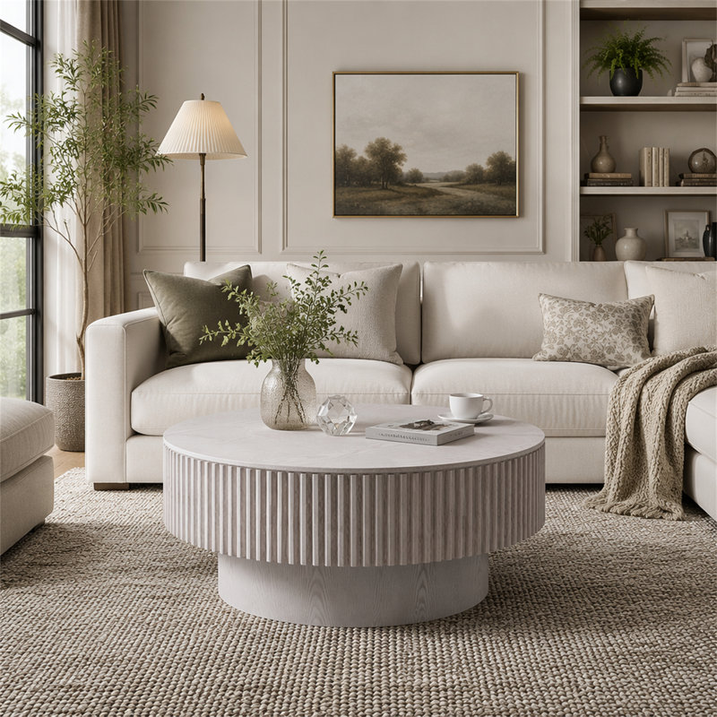 Table basse 31,5 "ronde avec rangement Table d'appoint moderne en placage de bois massif, Blanc rétro