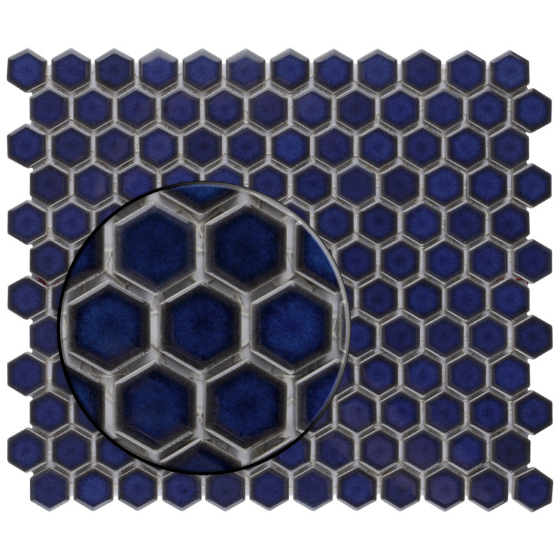 Tribeca 1" Hex Glossy 10-1/4 " x 11-7/8 " Porcelain Mosaic Floor and Wall Tile, Cobalt