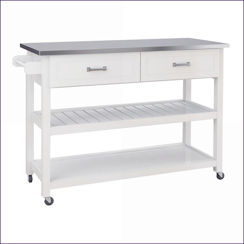 Chariot de cuisine avec plateau en acier inoxydable, deux tiroirs et amp; Tablettes | Blanc | Panneau de fibres à densité moyenne