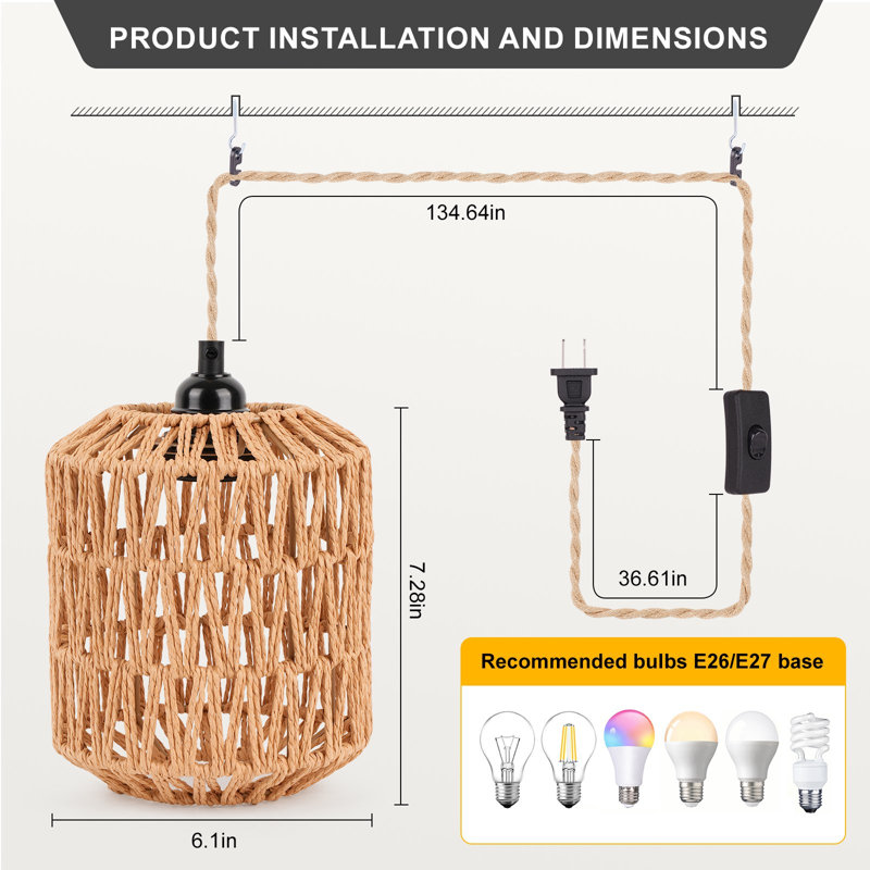 15ft 1-Light Plug in Pendant Light Natural Rattan Single Light with Hemp Rope for Farmhouse Living Room