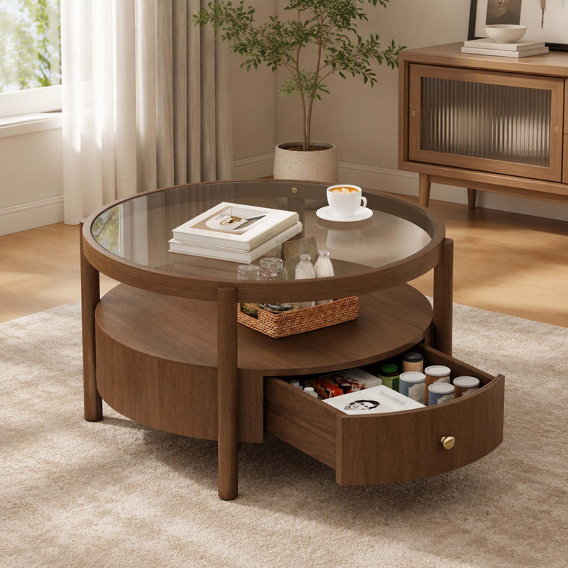 Table basse ronde à finition noyer avec structure en bois massif, plateau de table en verre et tiroir de rangement intégré, table basse Mid-Century circulaire à 2 niveaux pour la décoration du salon