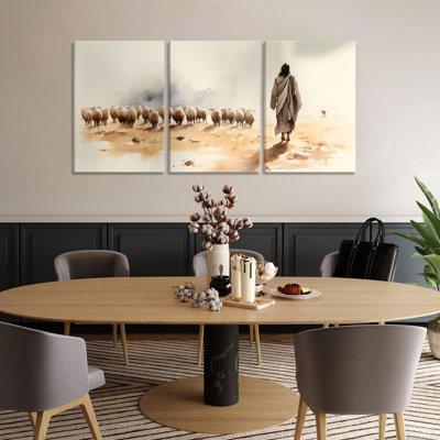 Ensemble de 3 tableaux sur toile représentant Jésus et les 99 agneaux perdus. Décoration murale chrétienne spirituelle et spirituelle pour salon, chambre, église, salle de prière et décoration intérieure.
