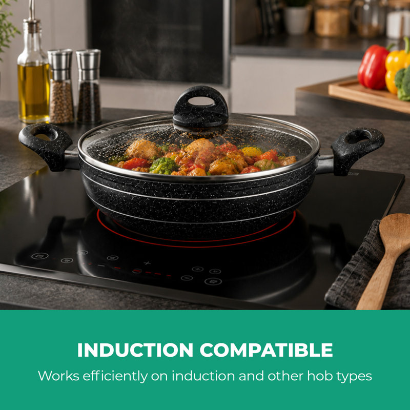 ROYALFORD Wok Pan 26Cm | Induction Safe Frying Pan with Tempered Glass Lid | Forged Aluminium Cookware with 5-Layer Non-Stick Granite Coating Cooking Pot | PFOA Free Dishwasher Safe | Terranox Series