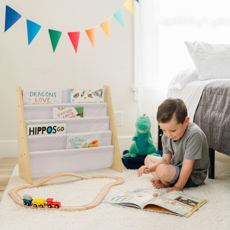Wildkin Wooden Sling Bookshelf for Kids – Premium Canvas Design with 4 Fabric Shelves, Organizer for Home or Classroom - Natural w/ Tan