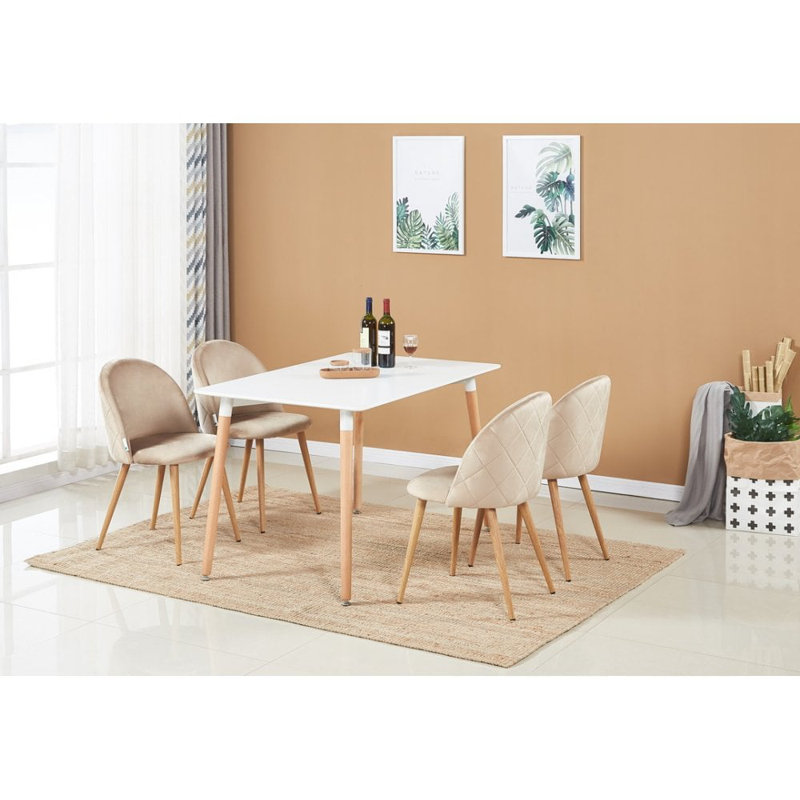 Totnes 4 Person Dining set - a Rectangular Plastic Dining Table with Wooden Legs and a Set of 4 Quilted Velvet Dining Chairs for Dining Room - Modern Dining Table Set