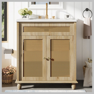 30-Inch Bathroom Vanity: Handwoven Rattan Doors, Solid Wood Legs & Resin Basin