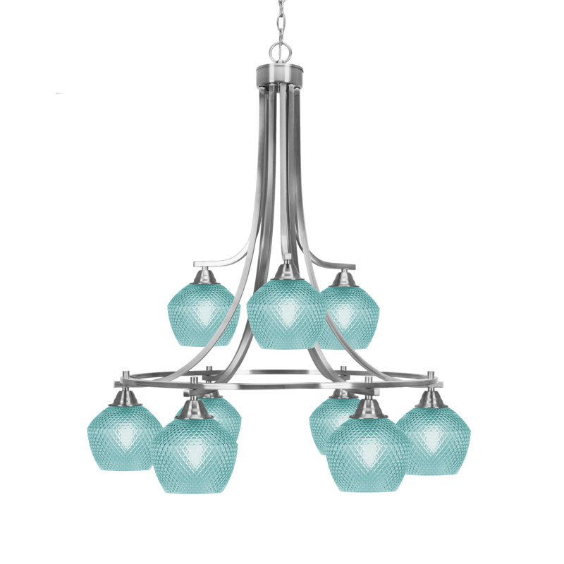 Lustre en cristal 6 lumières à finition nickel brossé 6 lumières Mukkesh, Sarcelle, Nickel brossé