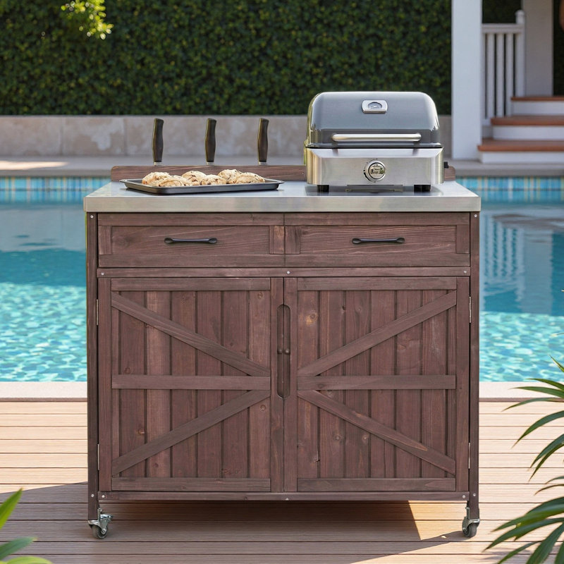 Îlot de cuisine extérieur avec plateau en acier inoxydable, grand tiroir, tablettes réglables, supports de rangement internes et 4 roulettes