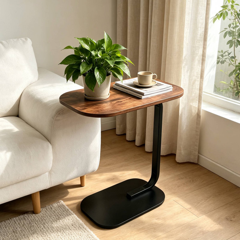Table d'appoint en forme de C, table de chevet compacte en MDF imitation bois avec structure en métal, table d'appoint multifonctionnelle pour canapé-lit, salon ou chambre.