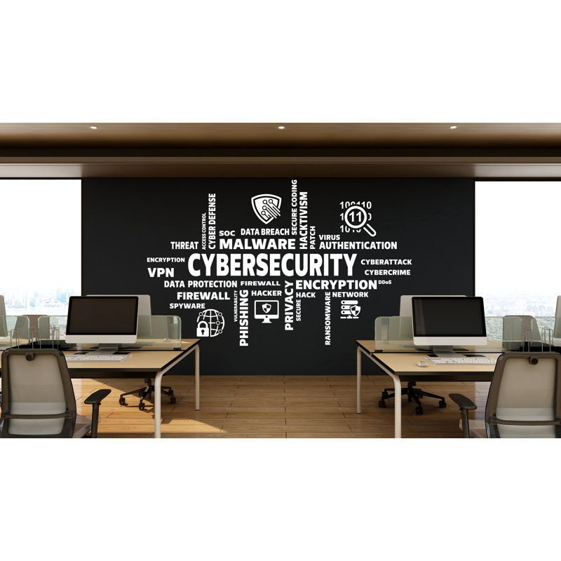 Décalcomanie murale nuage de mots «Cybersecurité» | Autocollant de pirate en vinyle Hacker, Encryptage, Malware & Tech | Décoration de bureau Cyber Security personnalisée 624DLU