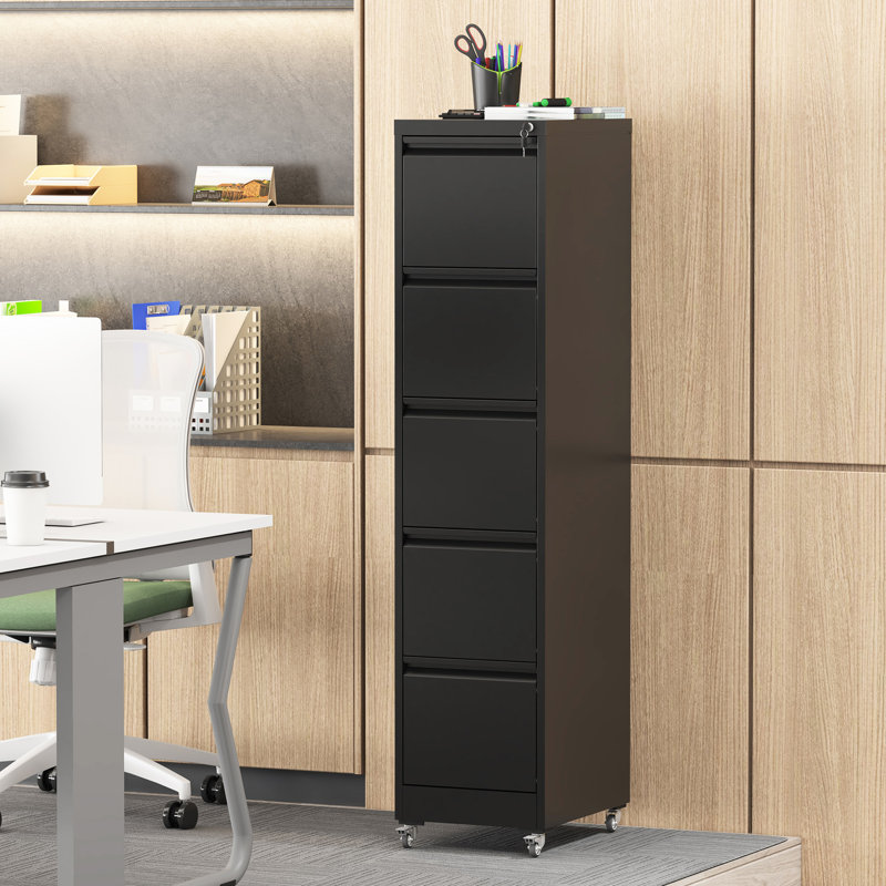5 Drawer Vertical File Cabinet With Wheels And Lock For Office Home, Spacious Drawers, Full - Extension Bearing Slides, Comfortable Grip Handles, Tipping Design Black On Wheels, Secure Locking,