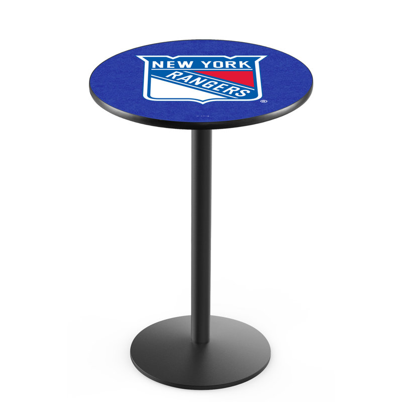 NHL Round Metal Base Dining Table, Black Wrinkle, New York Rangers