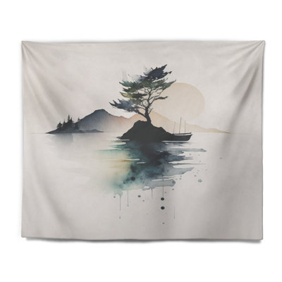 Green Watercolor Tree By The Lake Polyester Tapestry