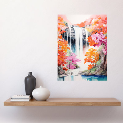 Wall Art Print Cascading Waterfall in Pink Tree Lush Forest Vibrant Watercolour Painting Poster