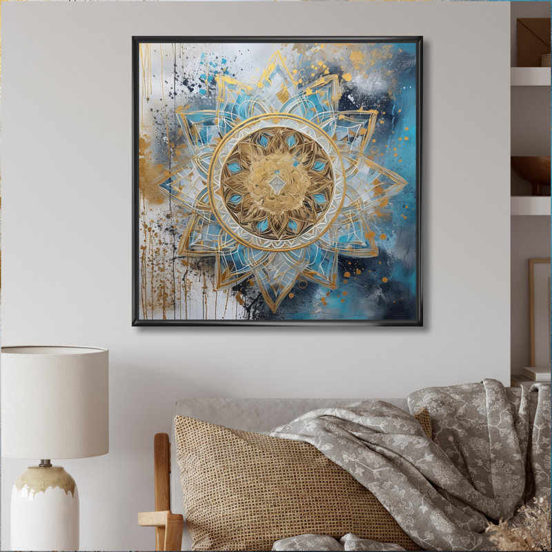Bleu et or Mandala II - impression, H 16 po x l 16 po x P 1 po, Cadre flottant noir