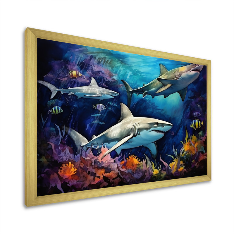 Shark Haven Under Water Painting - Shark Wall Art, 34" H x 44" W x 1.5" D, Gold Single Picture Framed
