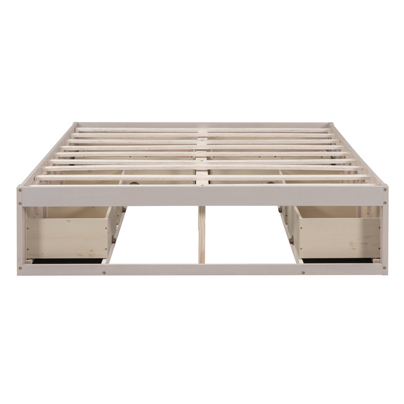 Lit plateforme avec 6 tiroirs de rangement,, Blanc antique, Grand lit