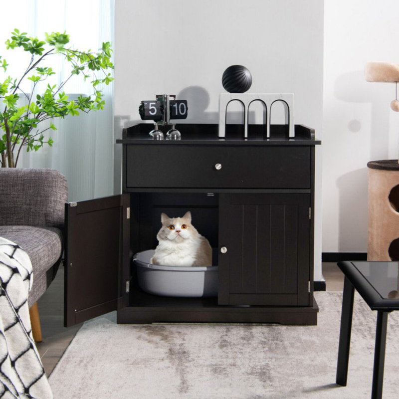 Brown Wooden Cat Litter Box Enclosure with Drawer and Side Table