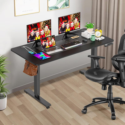 Hubing Electric Height Adjustable Standing Desk With 2 Usb Ports And 3 Power Outlets，4 Lockable Casters, 2 Hooks, Big Mouse Pad