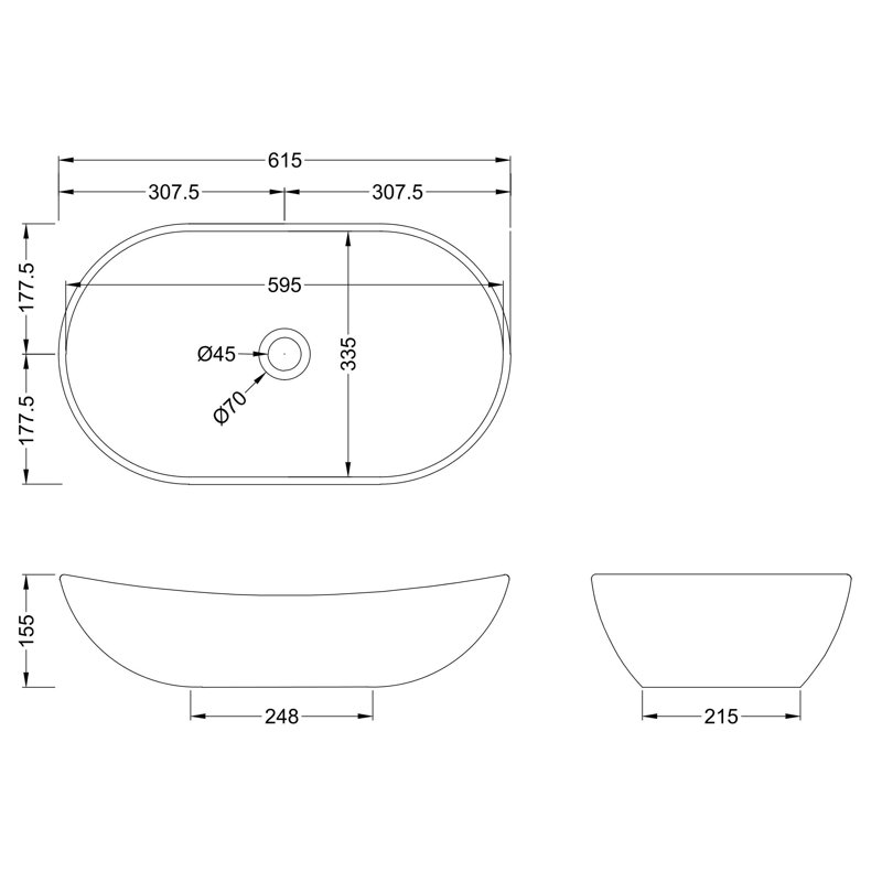 Nuie Vessels 615mm L x 615mm W White Vitreous China Oval Sink