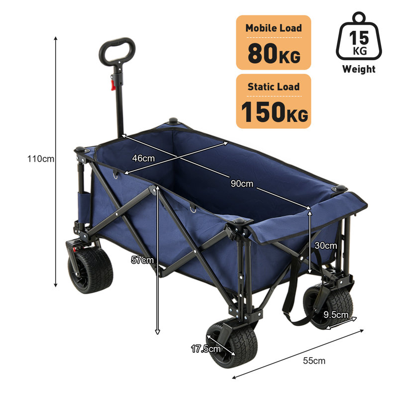 Trolley On Wheels, 180L Folding Camping Trolley Wagon With Adjustable Handle & Cup Holder,Blue, Blue