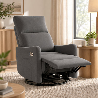 Petit fauteuil à bascule inclinable en tissu rembourré avec port USB, chaise berçante en velours gris foncé