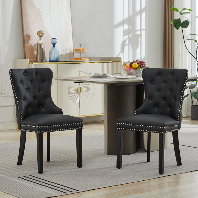 Tufted Upholstered Leather Dining Parsons Chairs, Black