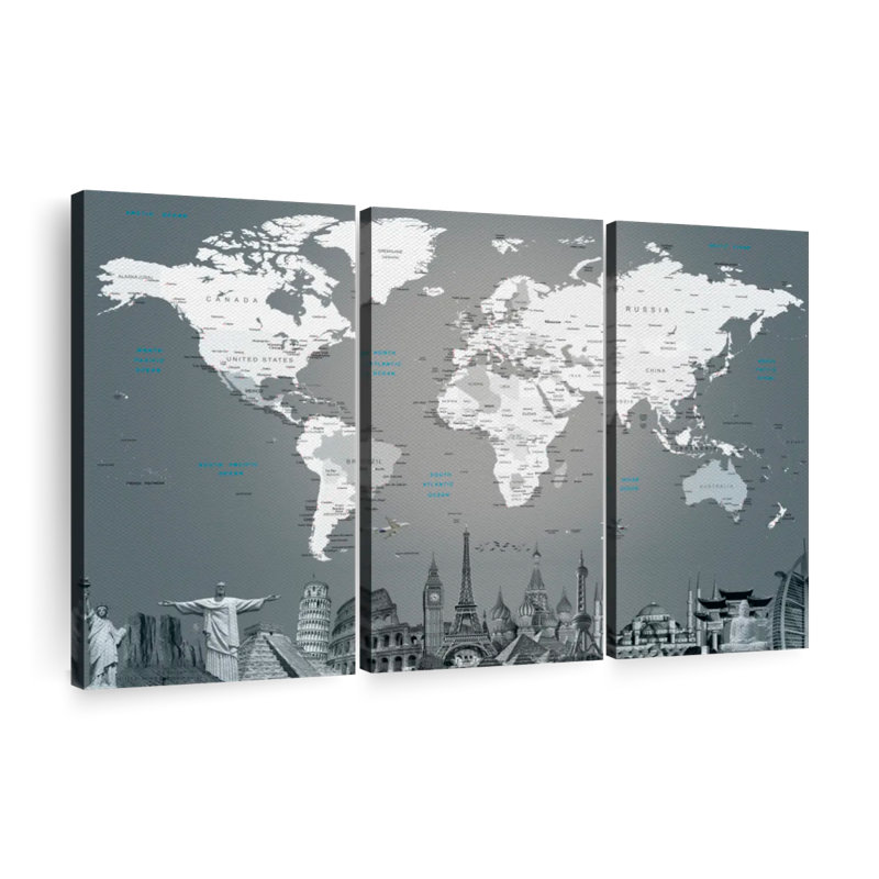 Ensemble de 3 pièces de carte du monde sur toile, H 38 po x l 24 po x P 1,25 po