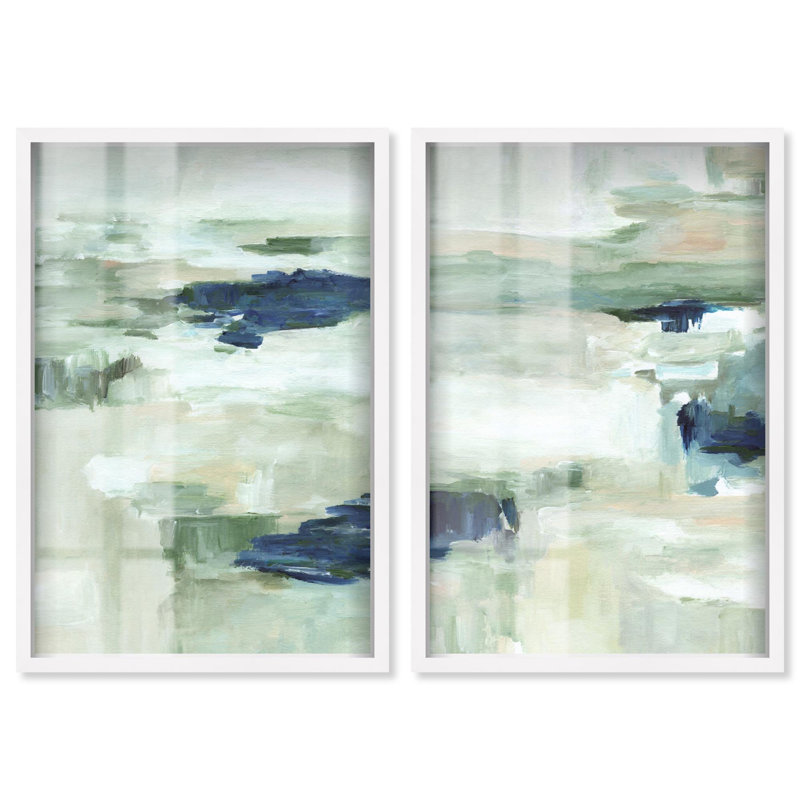 Ensemble artistique « Misty Sea Duo Shadowbox » de Art Remedy, dans des tons de bleu et de sauge, cadre noir, 10 x 15